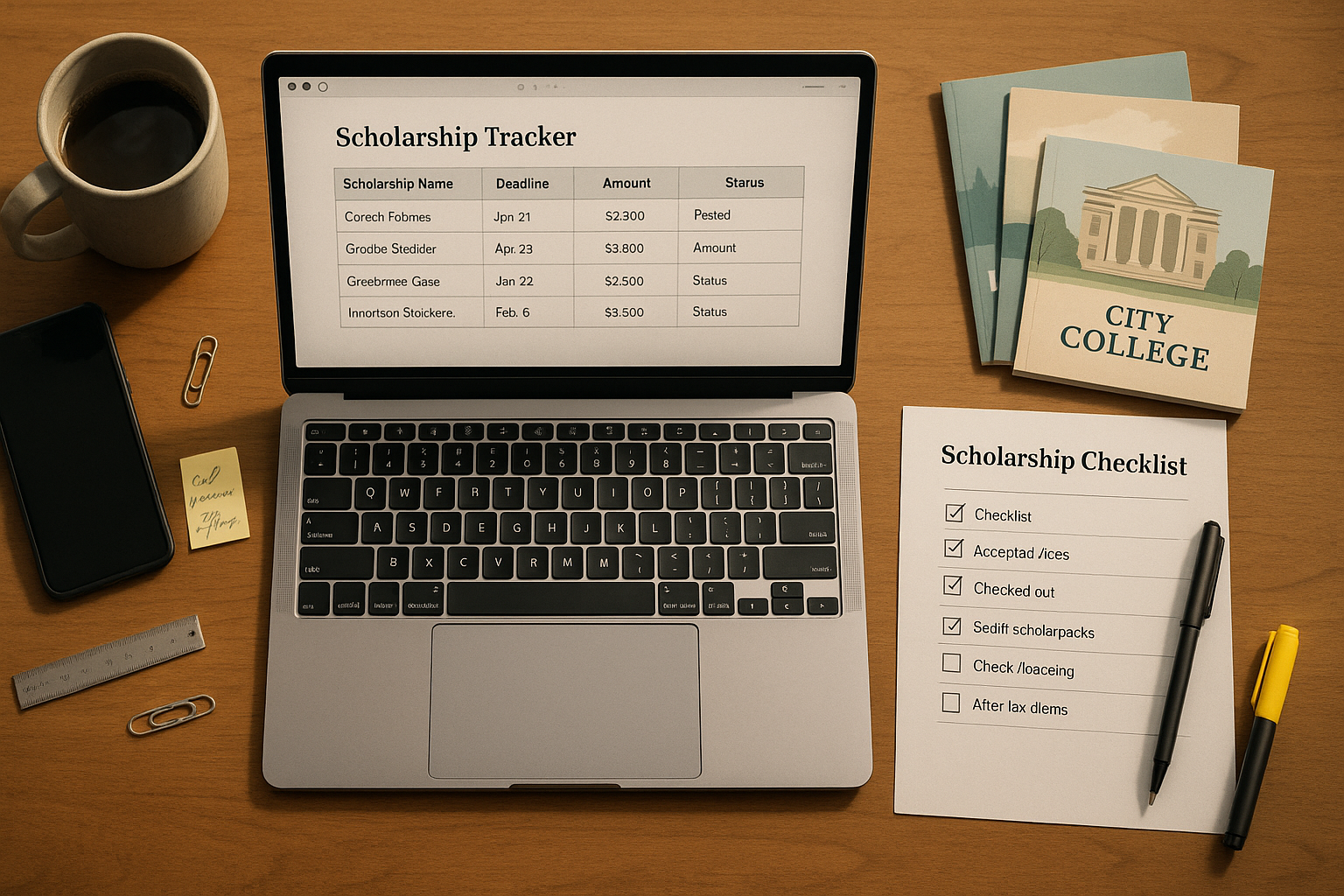 Photo Idea : Overhead shot of a well-organized workspace: laptop with a scholarship tracker spreadsheet open, a printed checklist, pens, and a small stack of college brochures. Warm, modern styling to convey focus and calm planning.