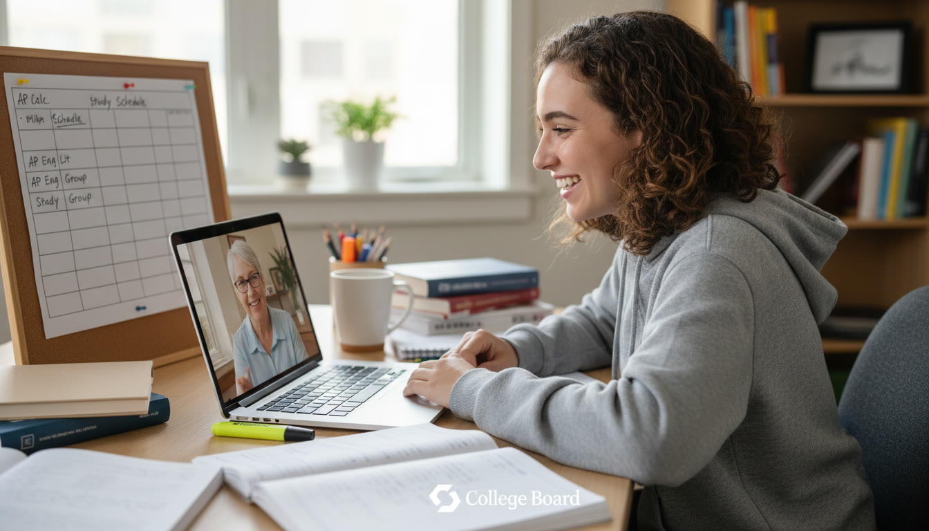Photo Idea : A student smiling at a laptop during a one-on-one tutoring session with notes and a study schedule nearby—emphasizes supportive, personalized guidance.