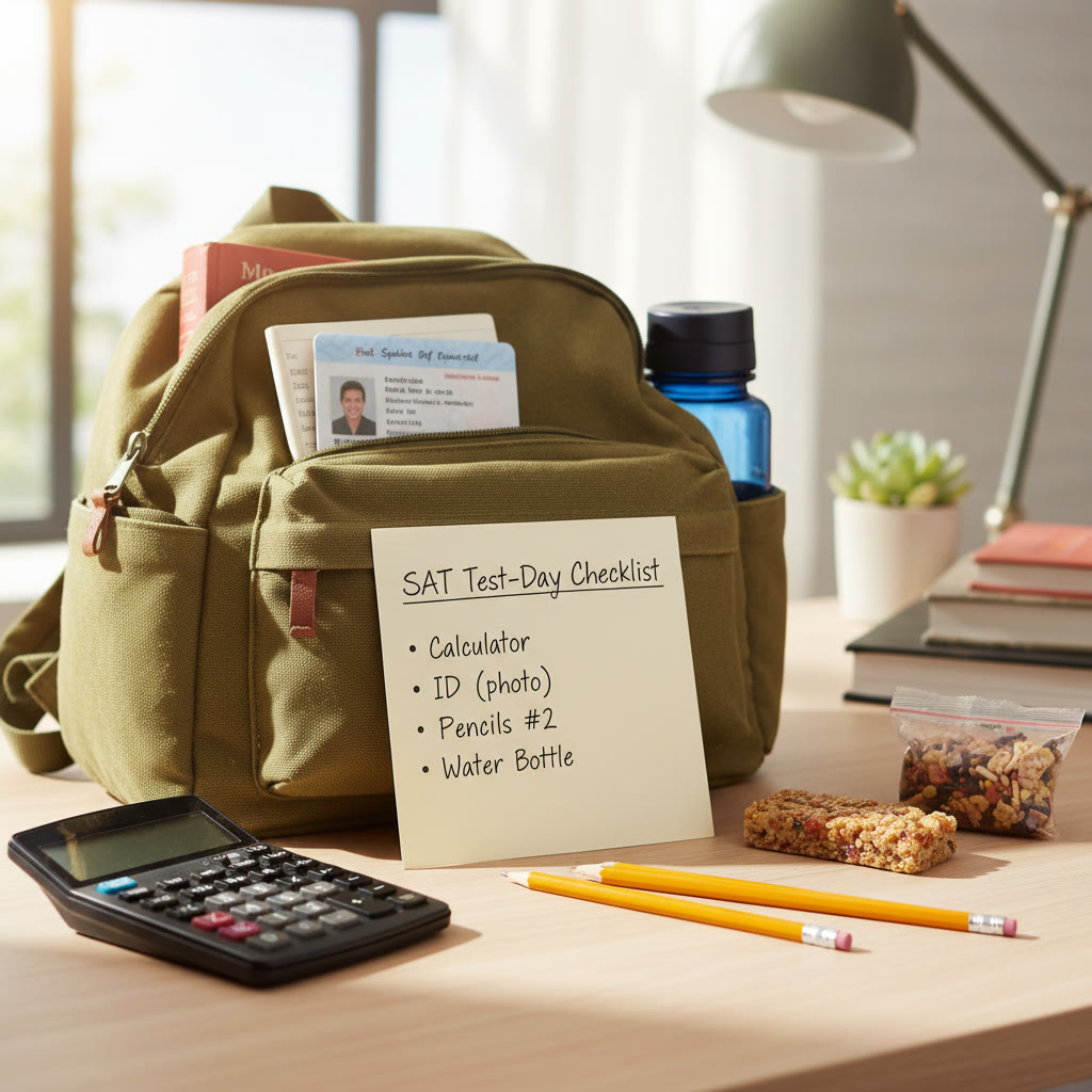 Simple test-day checklist on a notecard with items: calculator, ID, pencils, snacks—laid out beside a packed bag.