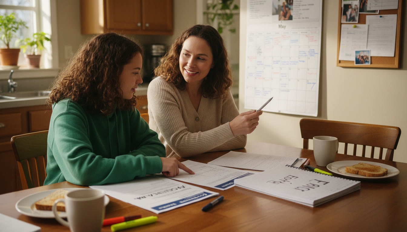 Photo Idea : A parent and student sitting at a kitchen table, strategizing with printed practice tests, a calendar, and a notebook labeled 