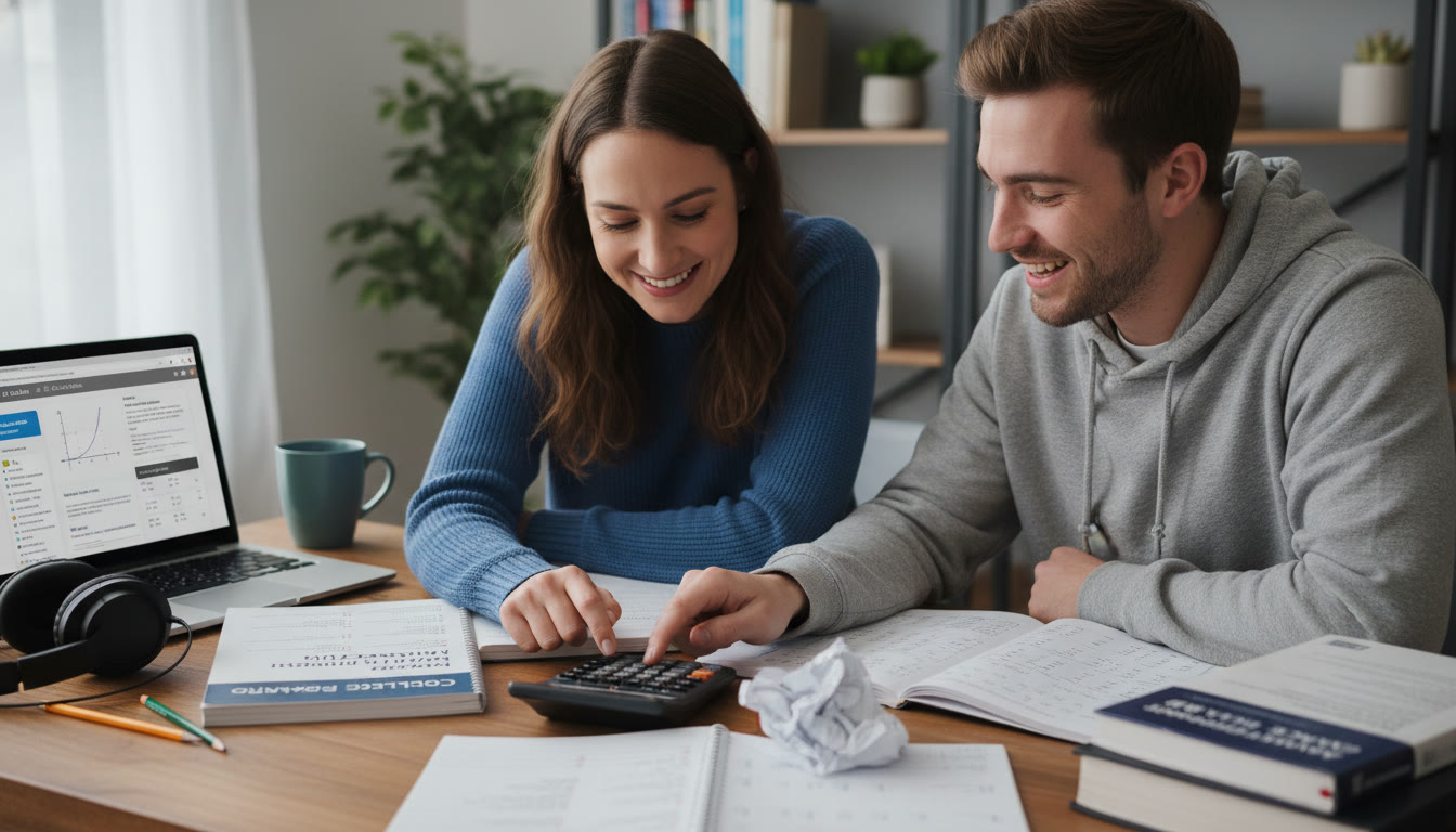 Photo Idea : A quiet study scene showing a tutor or parent guiding a student through a graphing calculator function on a desk, with practice test pages and a laptop nearby to suggest blended prep (in-person and digital).