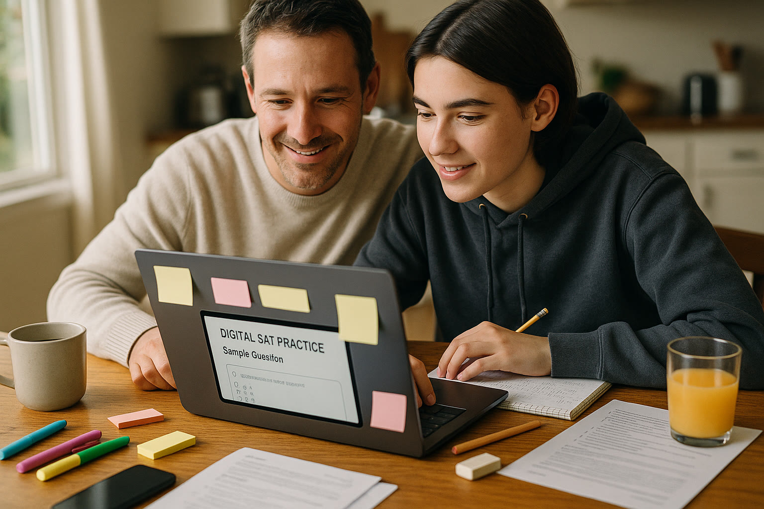Photo Idea : A relaxed kitchen table scene — a parent and a high-schooler leaning over a laptop, looking at a practice Digital SAT screen together, surrounded by sticky notes and a notepad.