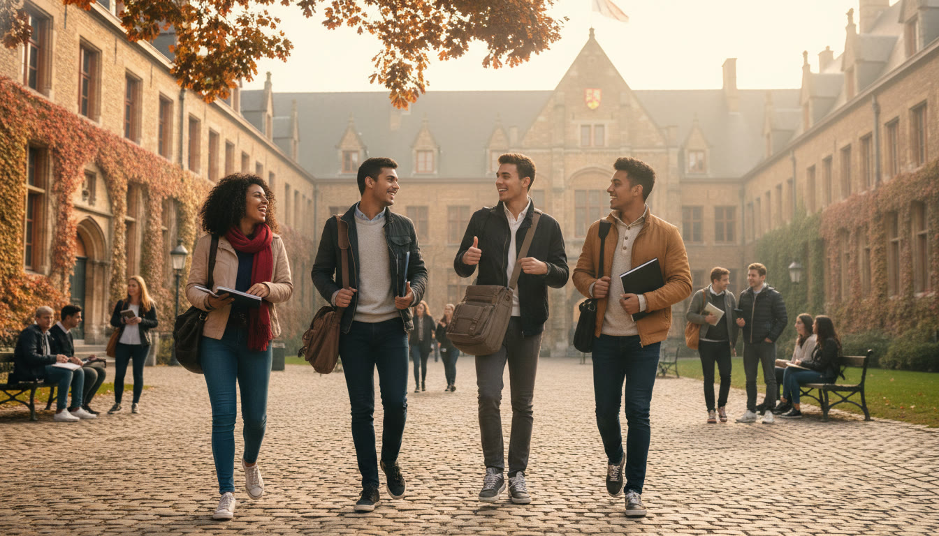 Photo Idea : A lively shot of international students walking on a historic Belgian university campus in autumn, backpacks and laptops visible, smiling and conversing โ evokes excitement and the real-world payoff of advanced preparation.