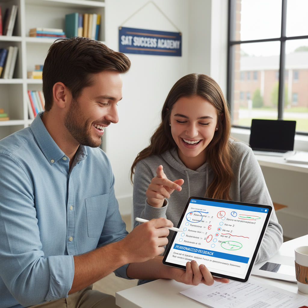 Close-up of a tutor and student reviewing a tablet screen with annotated problems: image idea suggesting personalized feedback during adaptive practice sessions.