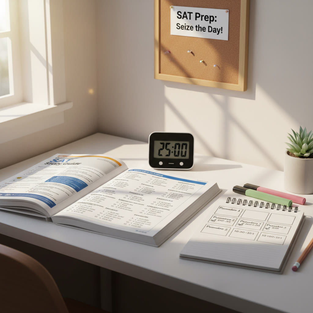 Study desk with a visible timer, practice SAT booklet, and a clean notebook showing Pomodoro blocks logged with checkmarks—bright morning light.