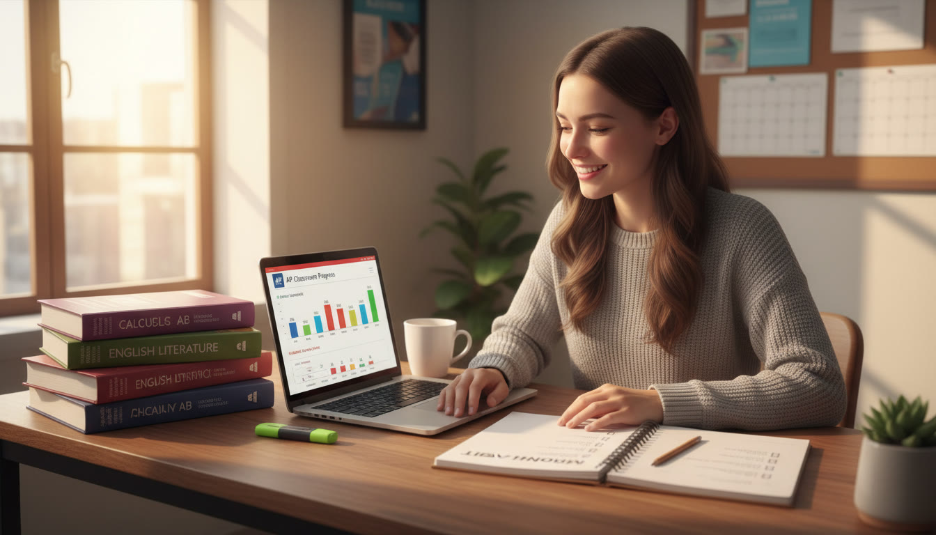Photo Idea : A student at a desk with AP textbooks, a laptop showing an AP Classroom progress chart, and a notebook labeled 