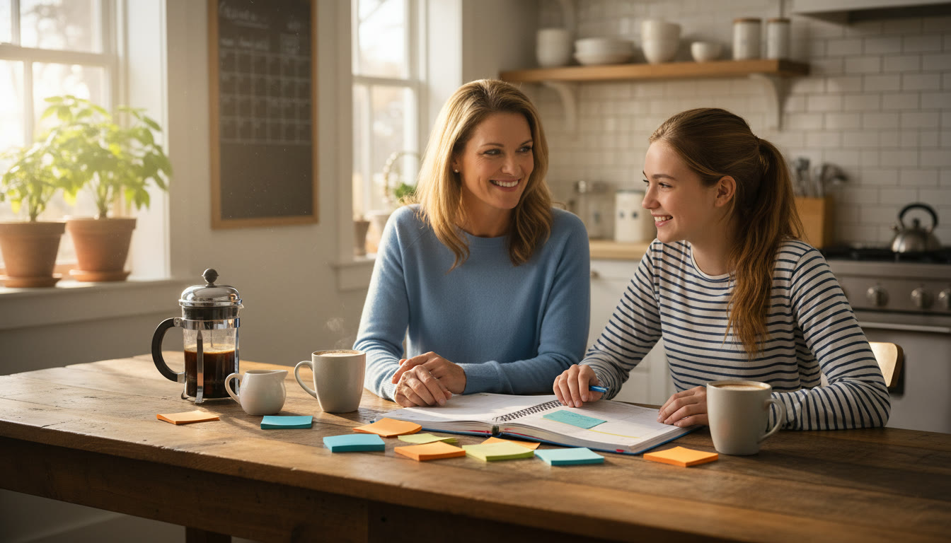 Photo Idea : A relaxed parent and teen at a kitchen table with a planner and colorful sticky notes, sunlight coming through the window, suggesting calm planning over coffee.