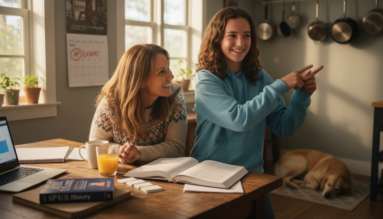 Photo Idea : A candid family conversation around a kitchen table with a teenager and parent pointing at a calendar; warm light, relaxed expressions, and study materials visible.