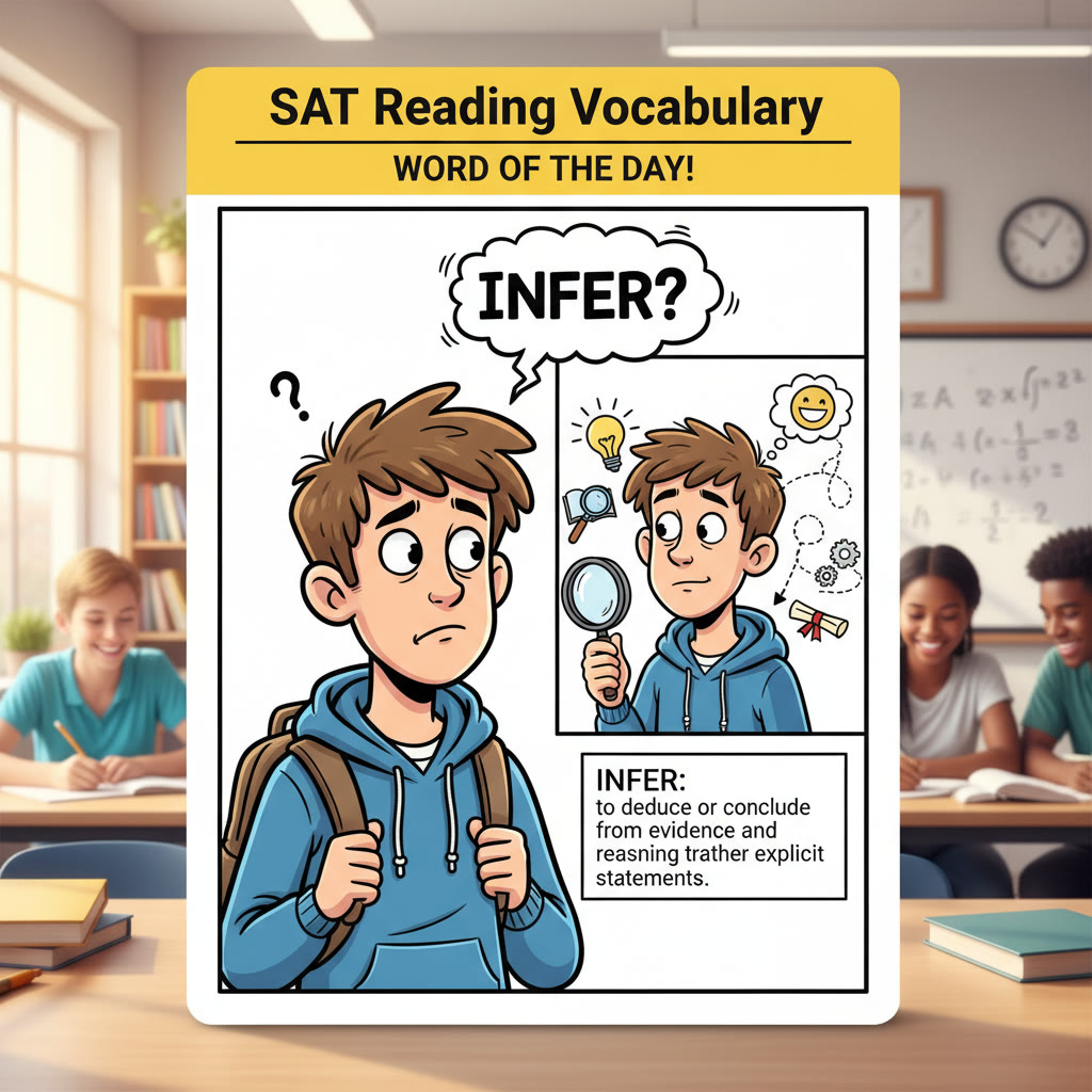 Picture idea: A comic-style image showing a character misunderstanding the word “infer” with a speech bubble that clarifies meaning in context, useful for Reading section vocabulary cards.