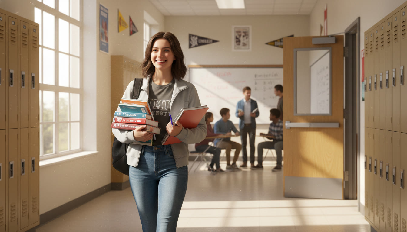 Photo Idea : A sunlit high school hallway with a student carrying AP textbooks and a notebook, smiling and walking toward a classroom — conveys purposeful momentum and academic ambition.
