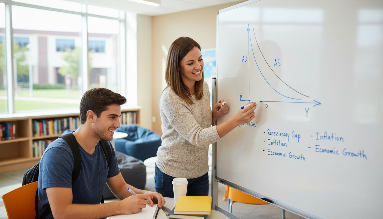 Photo Idea : A clean, high-contrast whiteboard scene showing a student and tutor sketching an AD‑AS diagram together. The tutor points to the downward-sloping AD curve while the student takes notes — conveys active, personalized learning.
