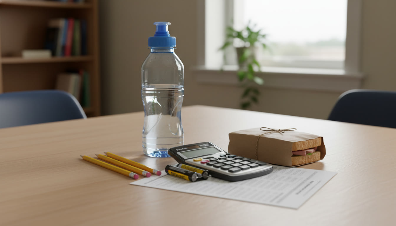 Photo Idea : Close-up image of a compact AP Day Kit laid out on a table: sharpened pencils, an approved calculator with fresh batteries, a water bottle, neatly wrapped sandwich and a folded practice sheet — bright, organized, reassuring.