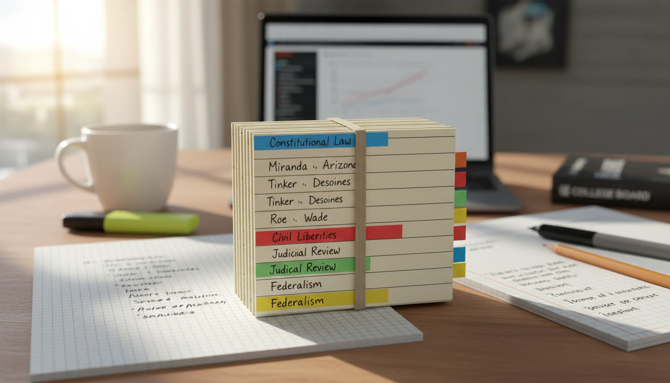 Photo Idea : A neat stack of index cards with handwritten case names and colored tabs, photographed from above to show organization and portability.