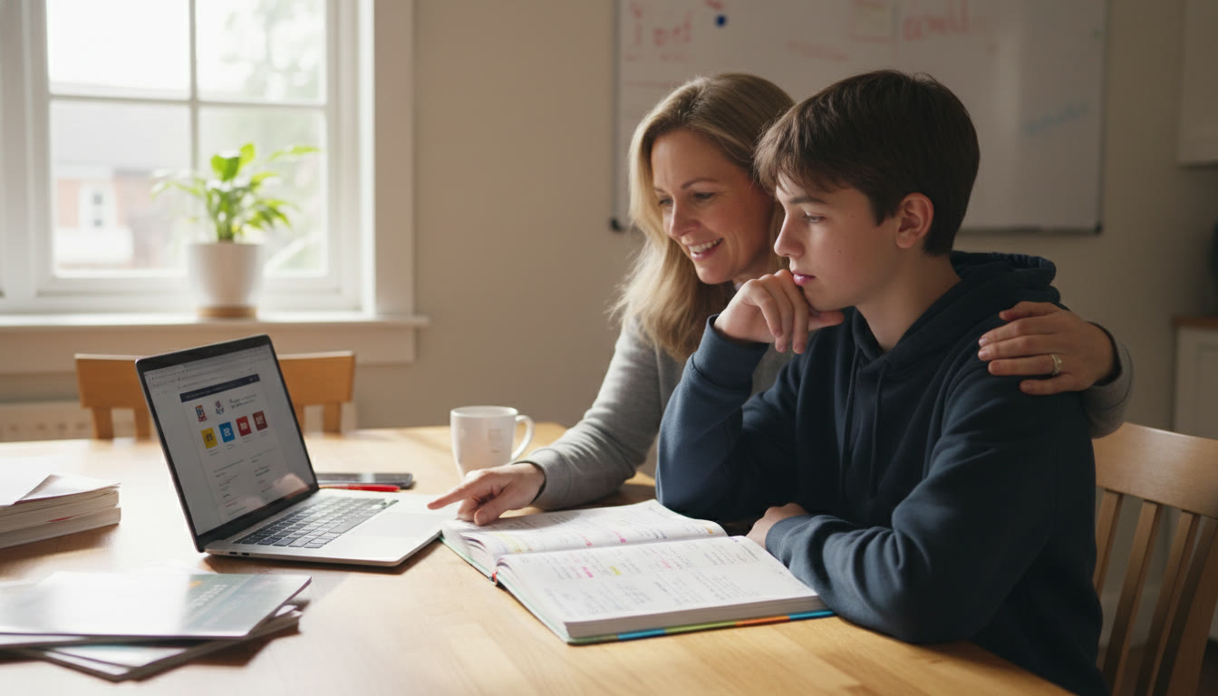 Photo Idea : A parent and teen sitting at a kitchen table with a laptop and paper planner, mapping out courses and college lists. Natural light, relaxed atmosphere—captures calm, strategic planning.