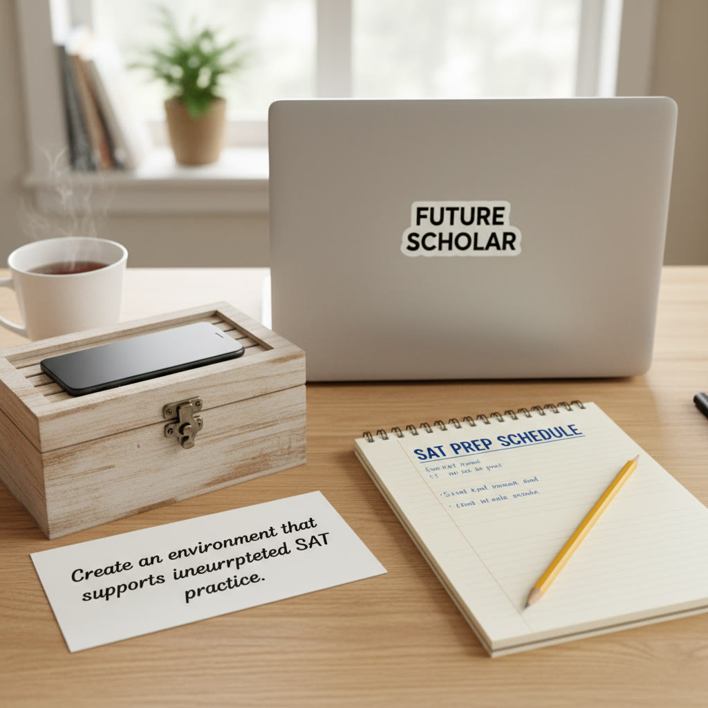 Photo idea: A tidy study desk with a closed laptop, notebook, pencil, and a smartphone in a simple wooden lockbox—caption: 
