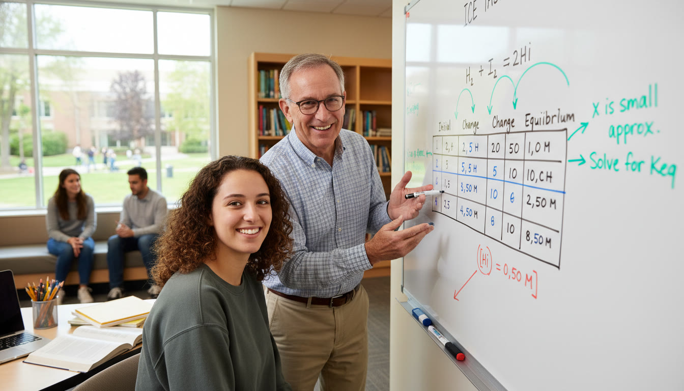 Photo Idea : A student working one-on-one with a tutor at a whiteboard, solving an ICE table problem; arrows and notes highlight steps (good for illustrating tutoring and personalized guidance).