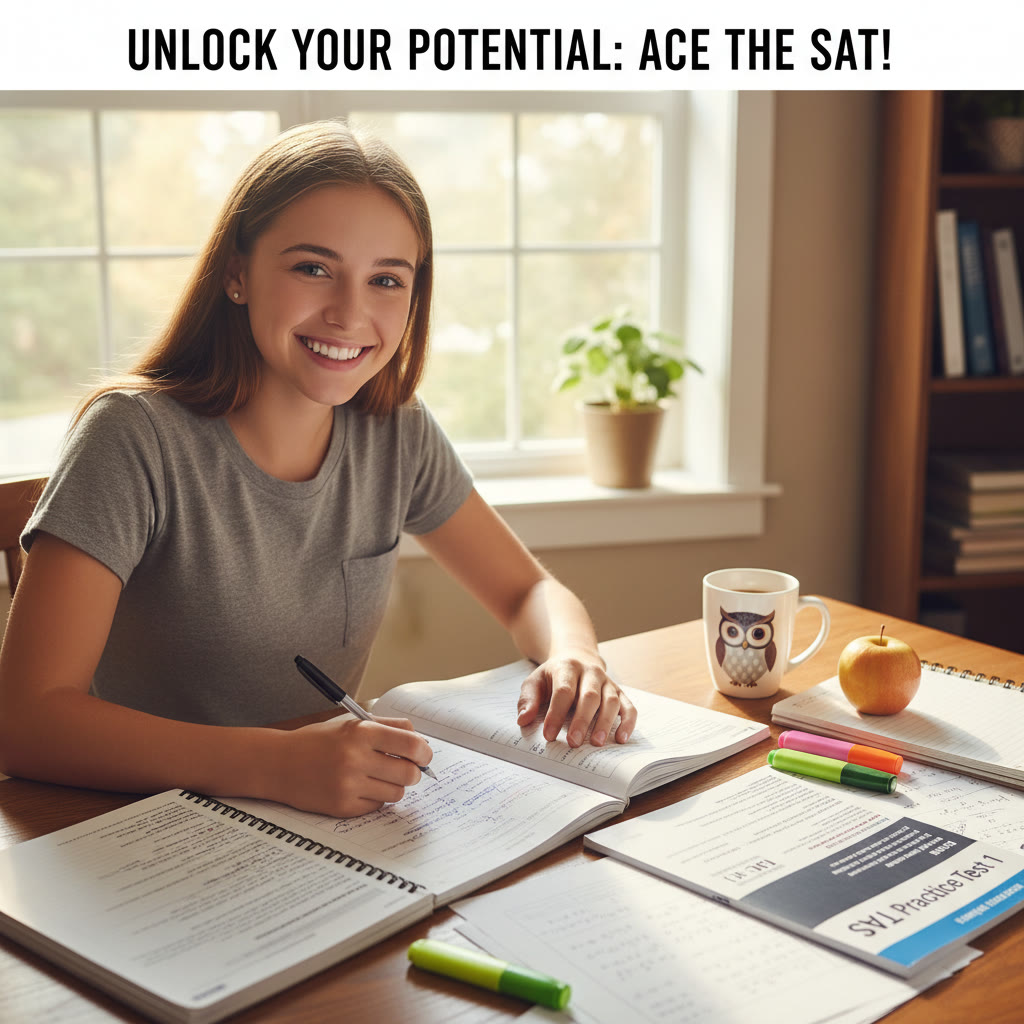Student at a desk smiling while annotating an SAT reading passage — natural light, notes and a practice test visible.