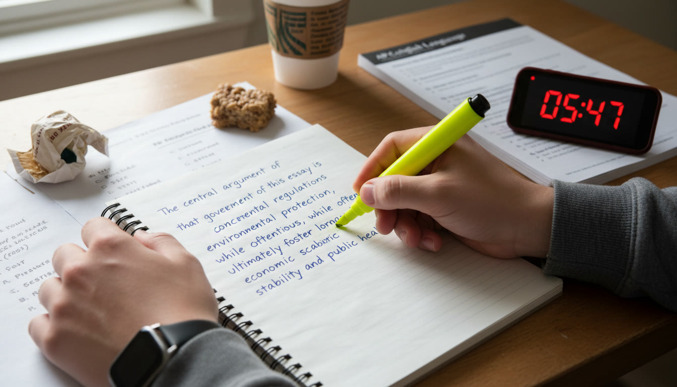 Photo Idea : Close-up of a student's hand underlining a thesis on a practice essay, with a timer counting down — emphasizes time management and focused revision during exam prep.