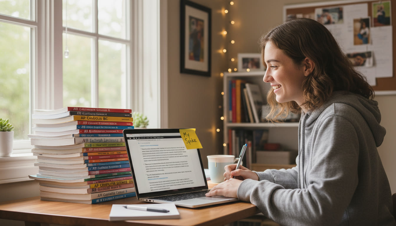Photo Idea : A student at a desk with a stack of AP course guides, a laptop open to a research paper, and a sticky note labeled 