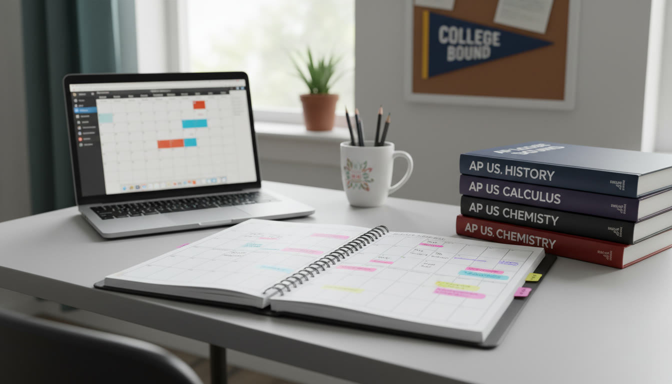 Photo Idea : A brightly lit desk with a colorful planner, laptop showing a calendar, and AP textbooks stacked to the side — youthful, organized, hopeful.