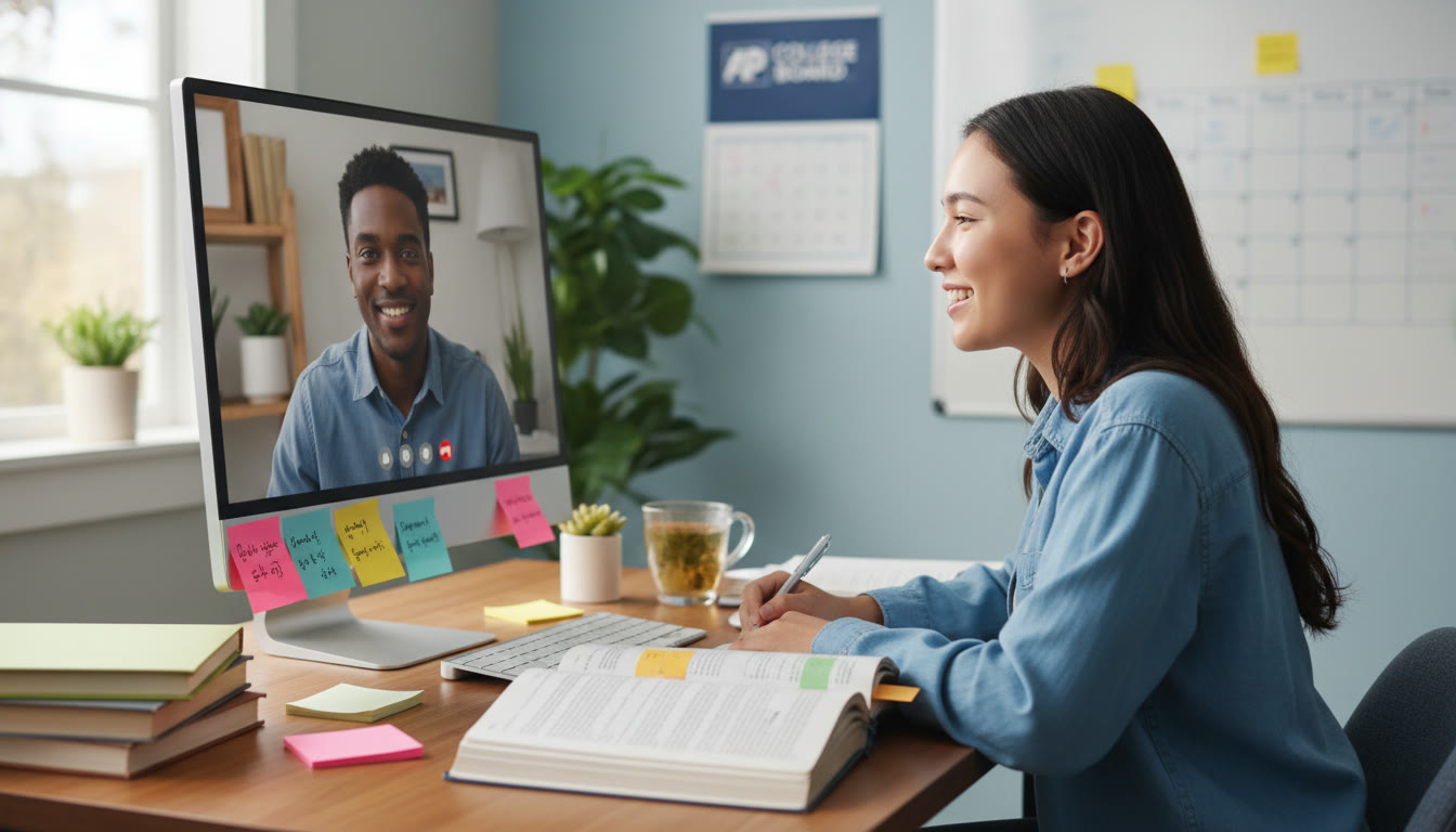 Photo Idea : A bright, hopeful image of a student studying with a tutor over video, with notes, sticky tabs, and calm lighting—illustrating personalized guidance and focused preparation.