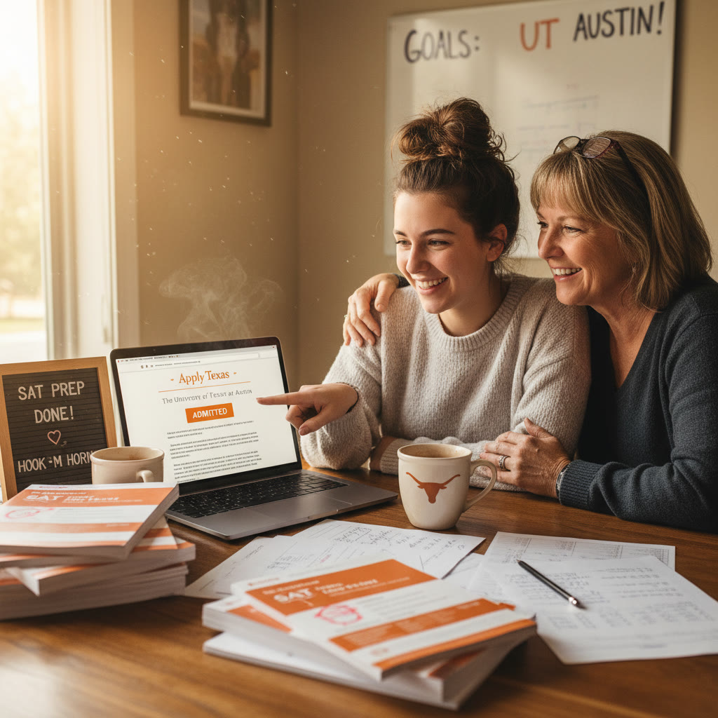 Photo Idea : A candid photo of a student and a parent at a kitchen table, laptop open with the UT Austin admissions page on screen, practice test papers spread out, a cup of coffee nearby—warm, focused, collaborative studying atmosphere.