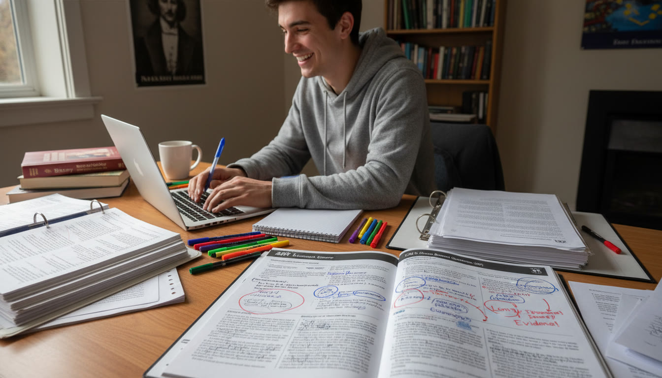 Photo Idea : A student at a desk spread with annotated practice prompts, historical documents, and colored pens, mid‑writing on a laptop — shows active translation between DBQ and LEQ strategies.