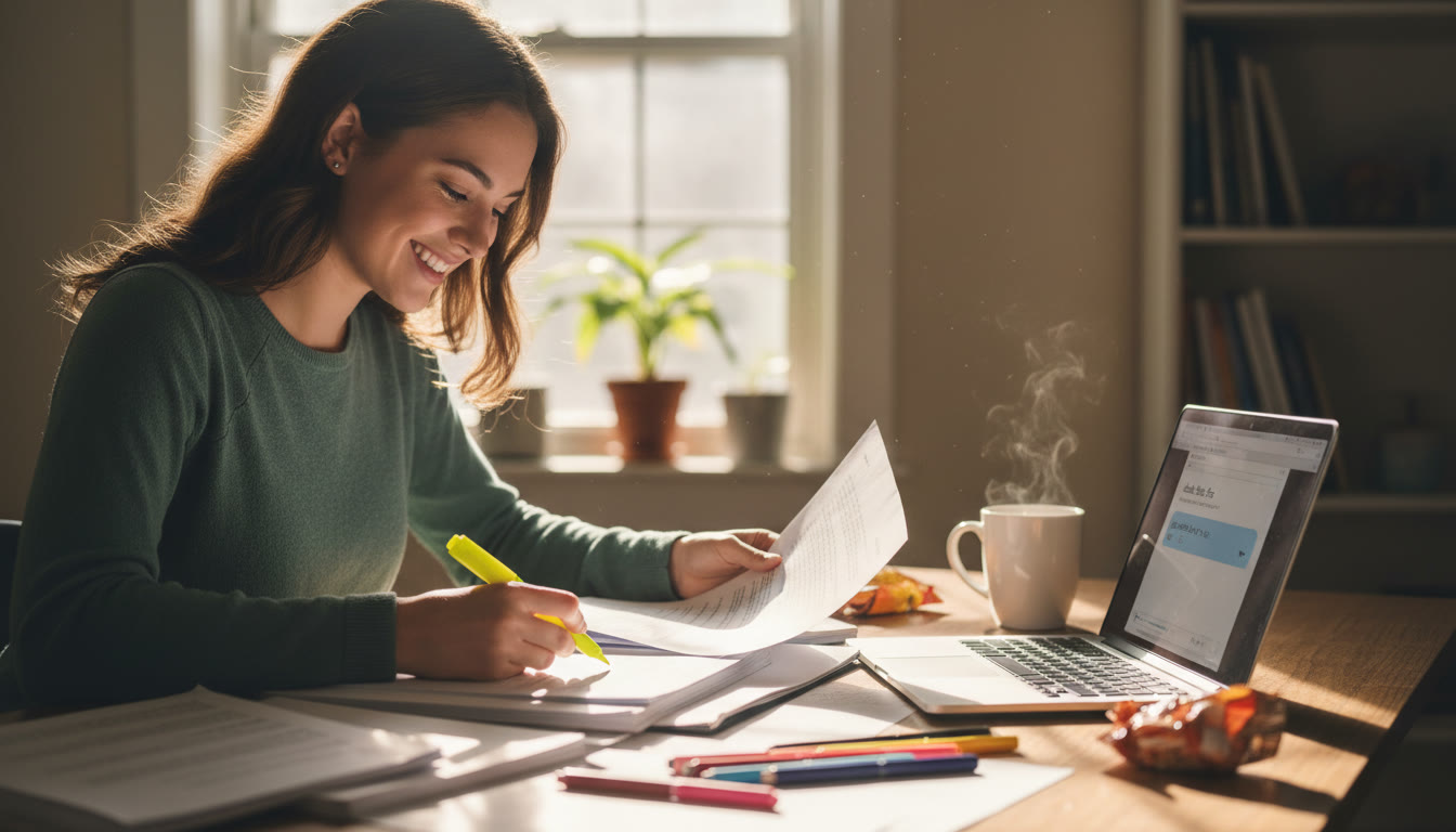 Photo Idea : A cozy study scene showing a student reviewing a printed essay with a highlighter and laptop open to a chat window. The image suggests active revision and the contrast between polished paper drafts and quick digital chats.