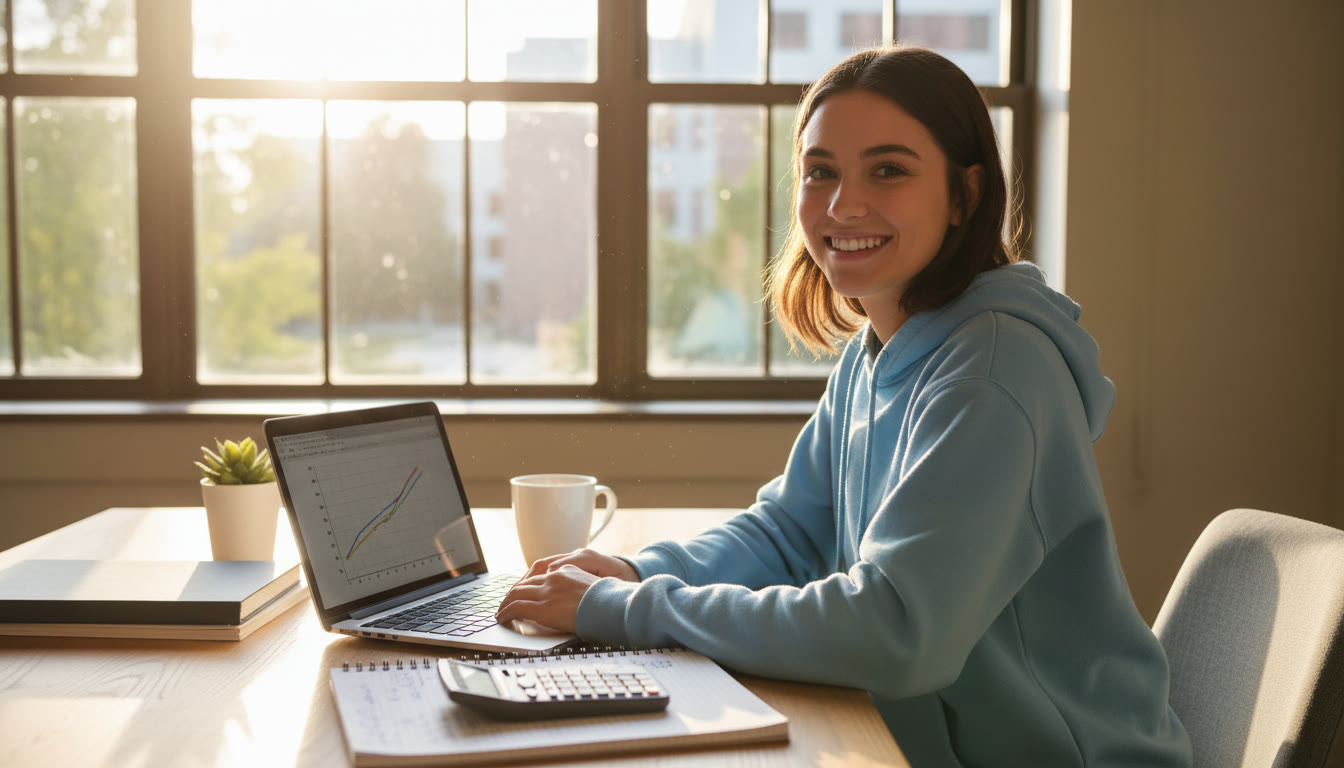 Photo Idea : A student sitting at a tidy desk with a laptop, notebook, and calculator, sunlit window in the background—conveys calm, organized study.