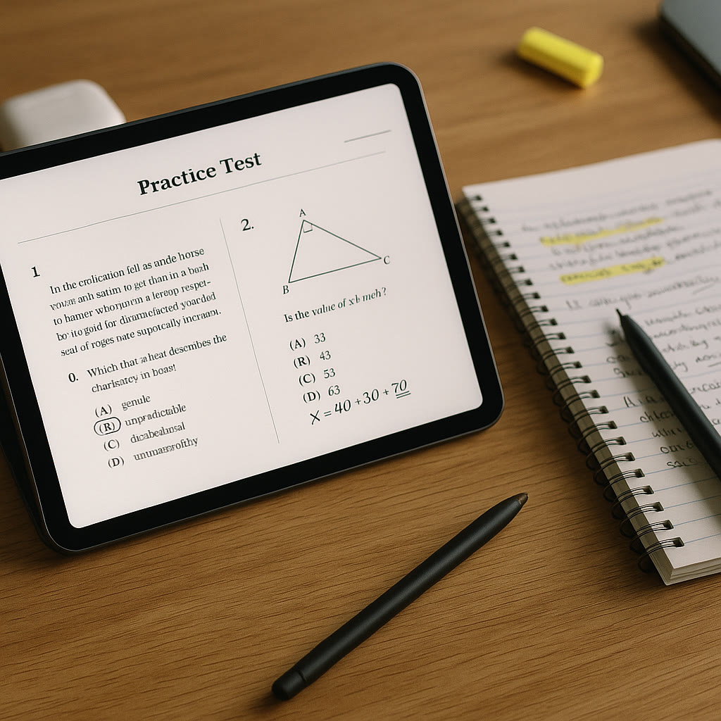 Photo Idea : Close-up of a digital tablet showing practice SAT questions and a student’s annotated notes beside it, conveying focus and modern test prep.