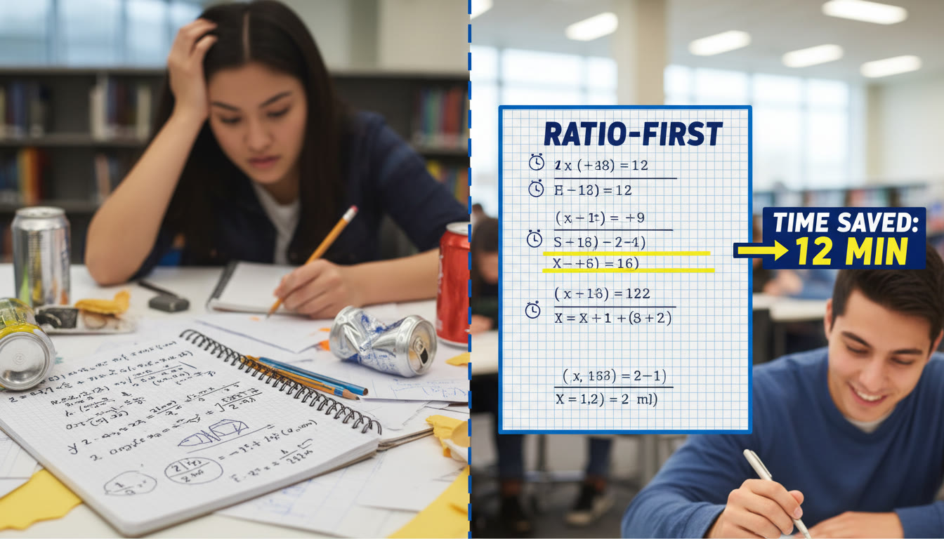 Photo Idea : A step-by-step progression image—left side: messy scratch work; right side: a boxed, clean ratio-first solution with highlights showing the time saved—meant to encourage organizing work under time pressure.