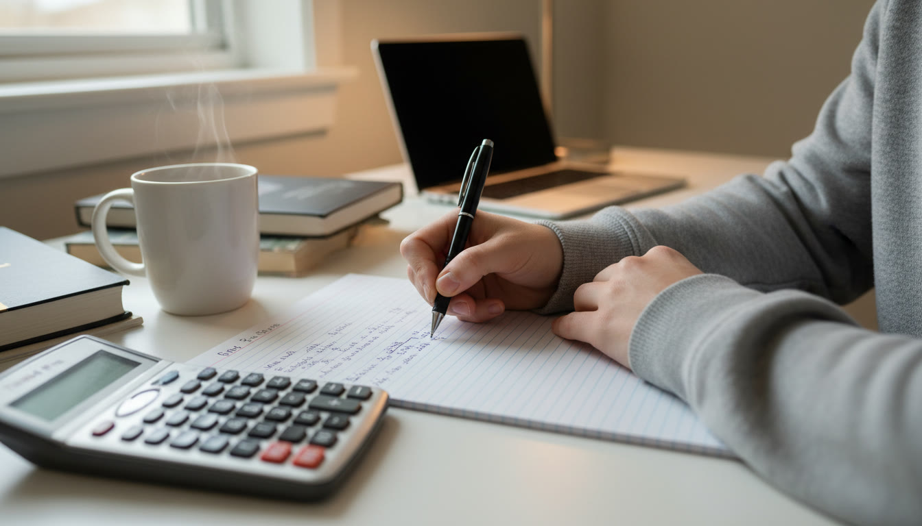 Photo Idea : A close-up of a student’s hands writing a clean free-response solution on lined paper with a calculator and a cup of coffee nearby — to convey calm, methodical exam prep.