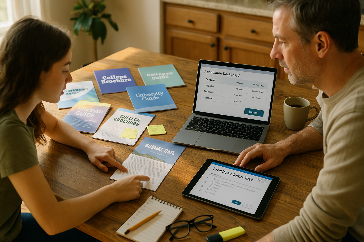 Photo Idea : A relaxed, sunlit kitchen table where a student and a parent spread out college brochures, a laptop showing a college application portal, and a tablet with a practice Digital SAT interface.