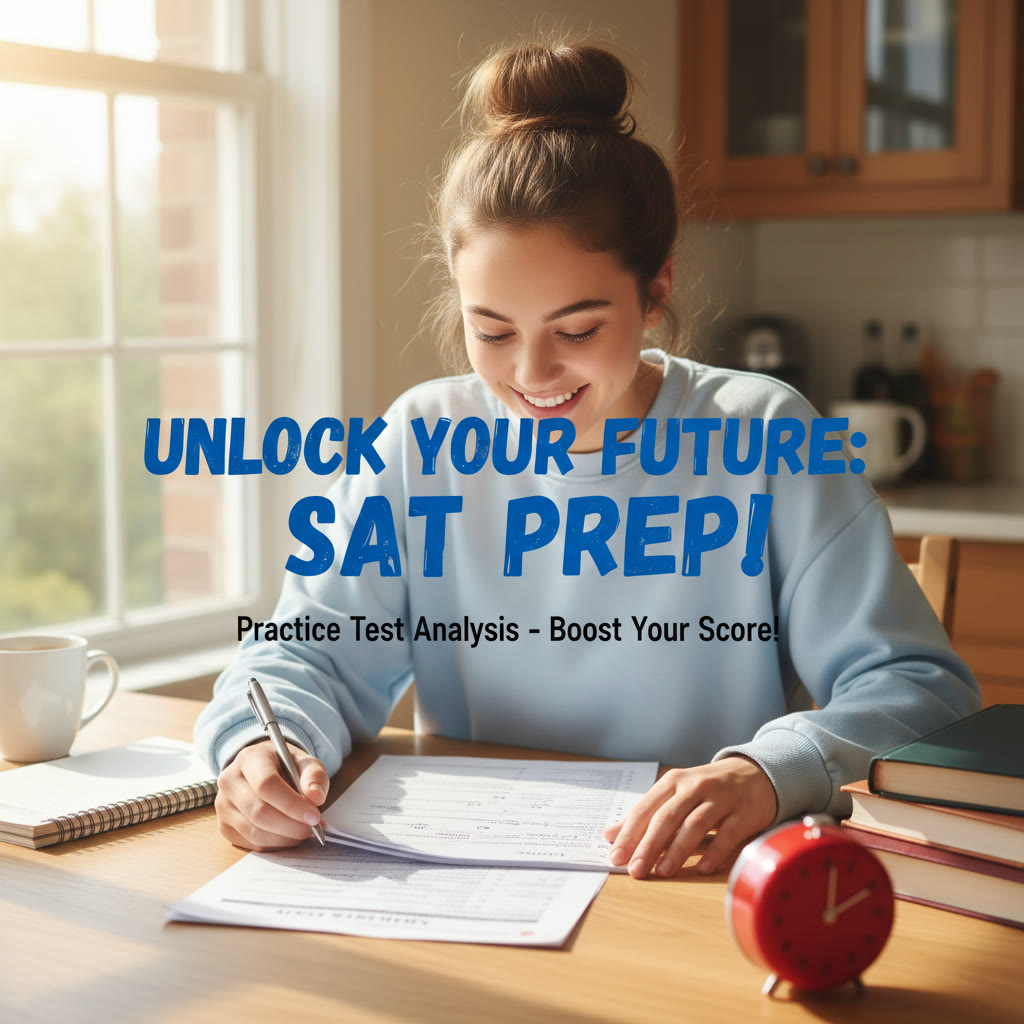 Student reviewing a practice SAT test at a kitchen table with a notebook and timer; natural light, focused expression.