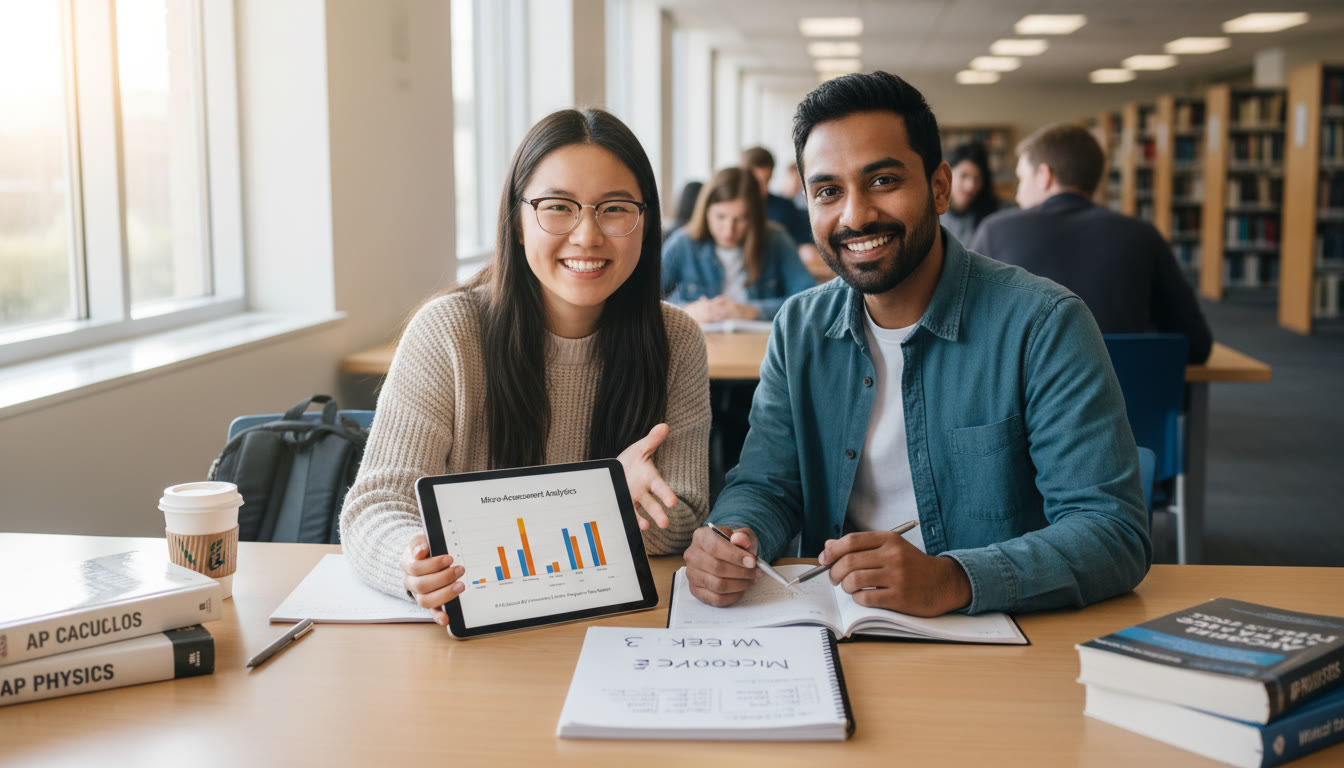 Photo Idea : A motivational image of a student and tutor reviewing a mini-assessment together with a tablet showing analytics and a notebook labeled 