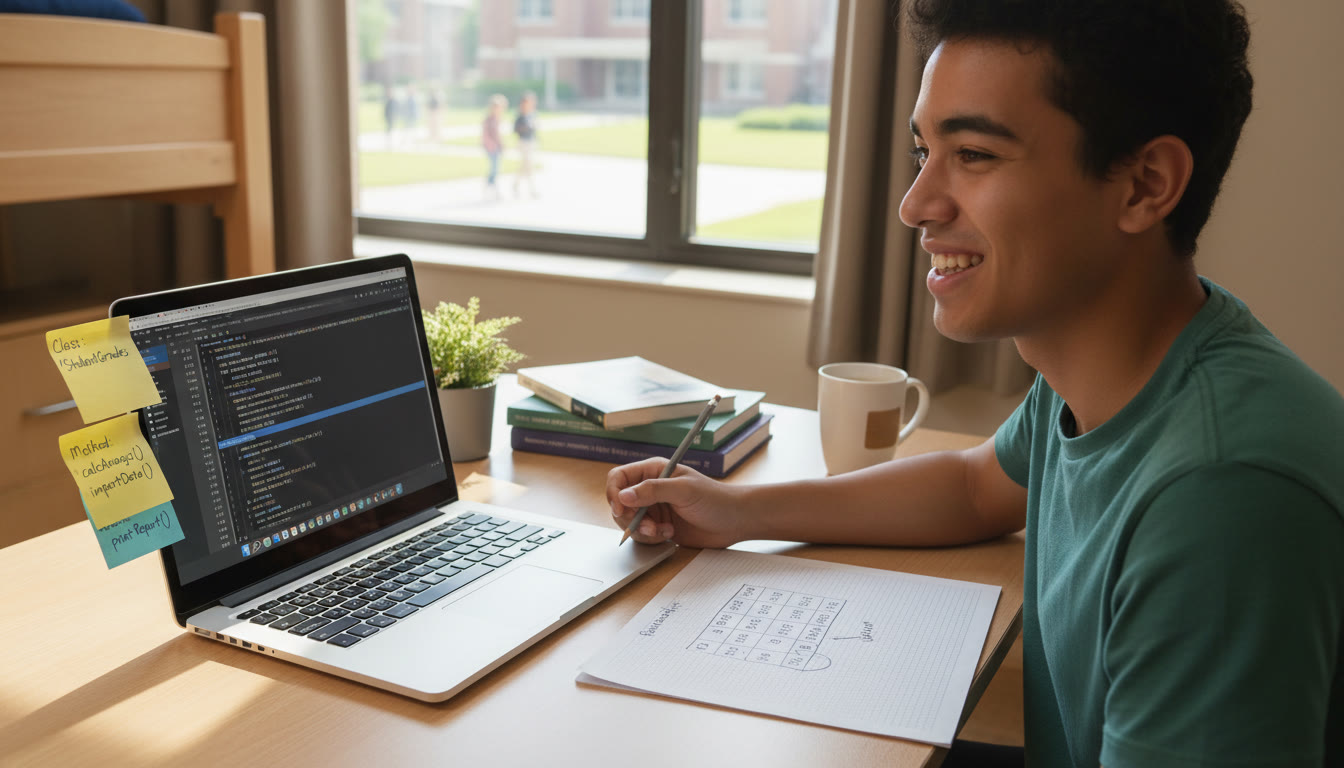 Photo Idea : A student at a desk writing Java code on a laptop with sticky notes outlining class methods and an array diagram sketched on paper — conveys focused, methodical FRQ practice.