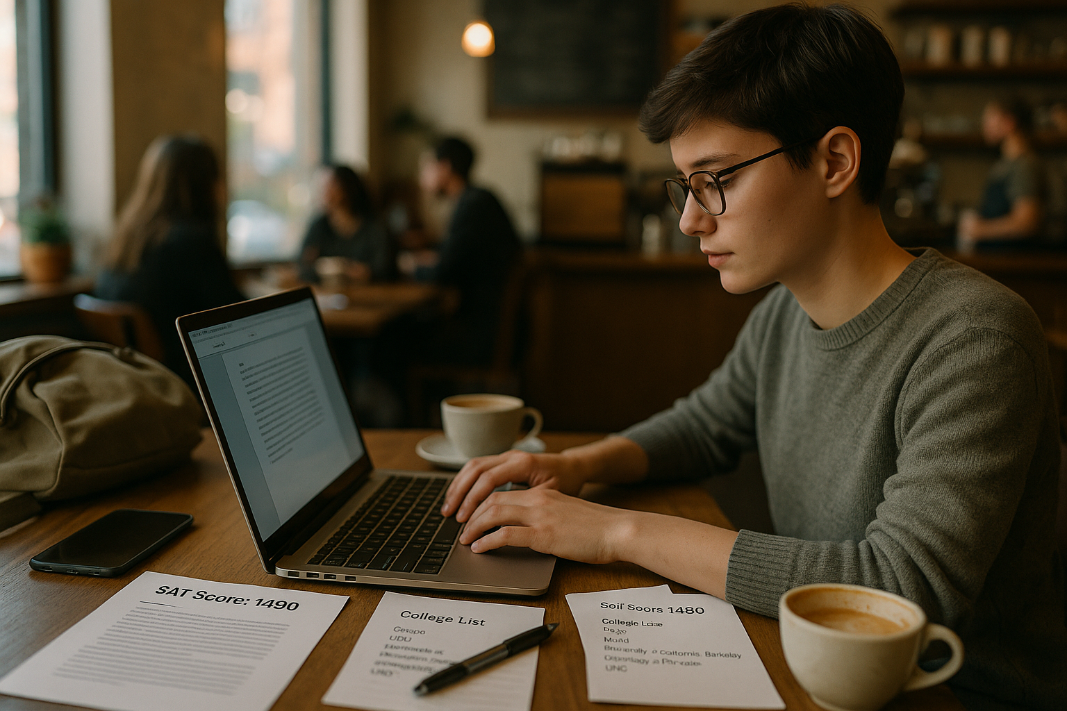 Photo Idea : A student at a coffee shop typing an essay on a laptop, with a printed SAT score and a list of colleges beside them.