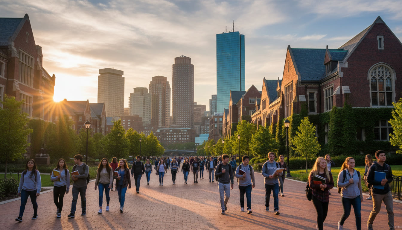 Photo Idea : A vibrant early-morning shot of Boston University's campus pathway with students carrying backpacks and textbooks, capturing both the campus energy and urban backdrop.