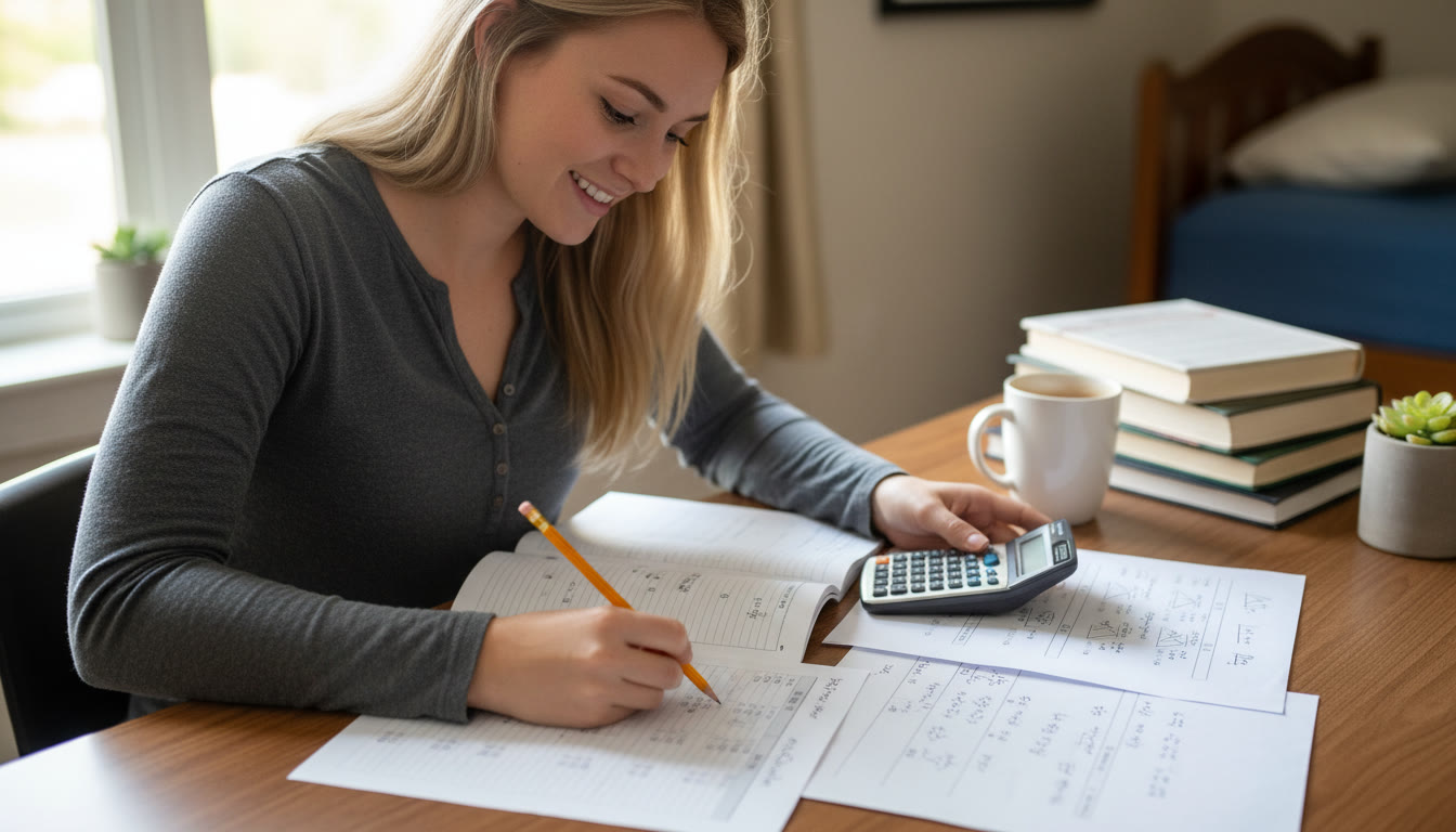 Photo Idea : A student marking answers on a practice sheet with a calculator and scratch paper nearby, showing focused revision and the tidy format of showing work.