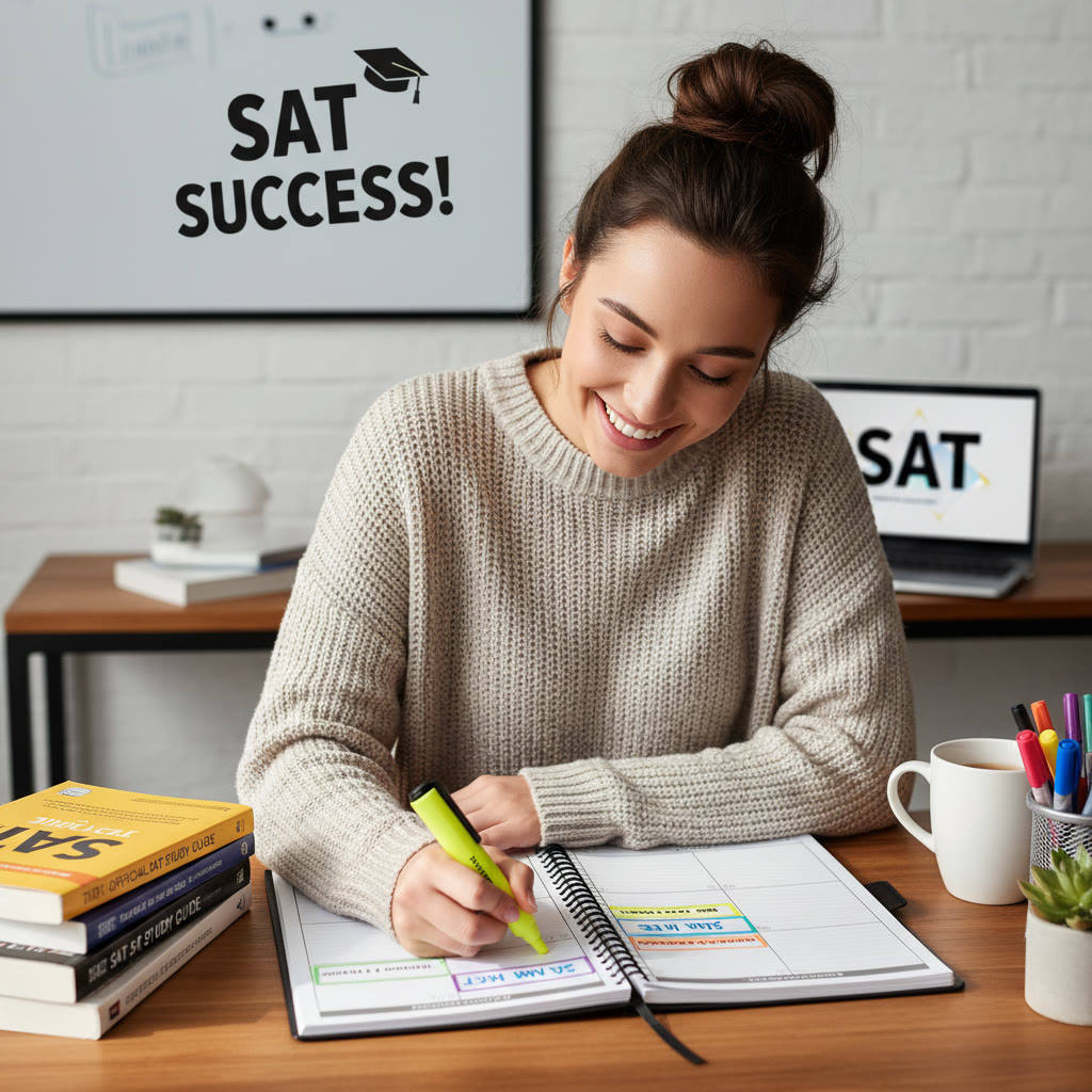 A student at a desk with a color-coded weekly planner, highlighting SAT study blocks alongside school and activities.