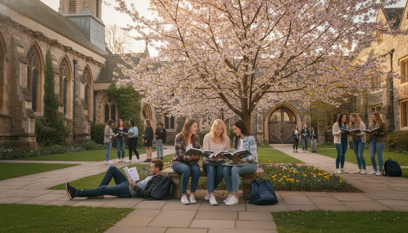 Photo Idea : A warm, sunlit collegiate chapel courtyard with students reading and chatting — evokes tradition and contemporary campus life.