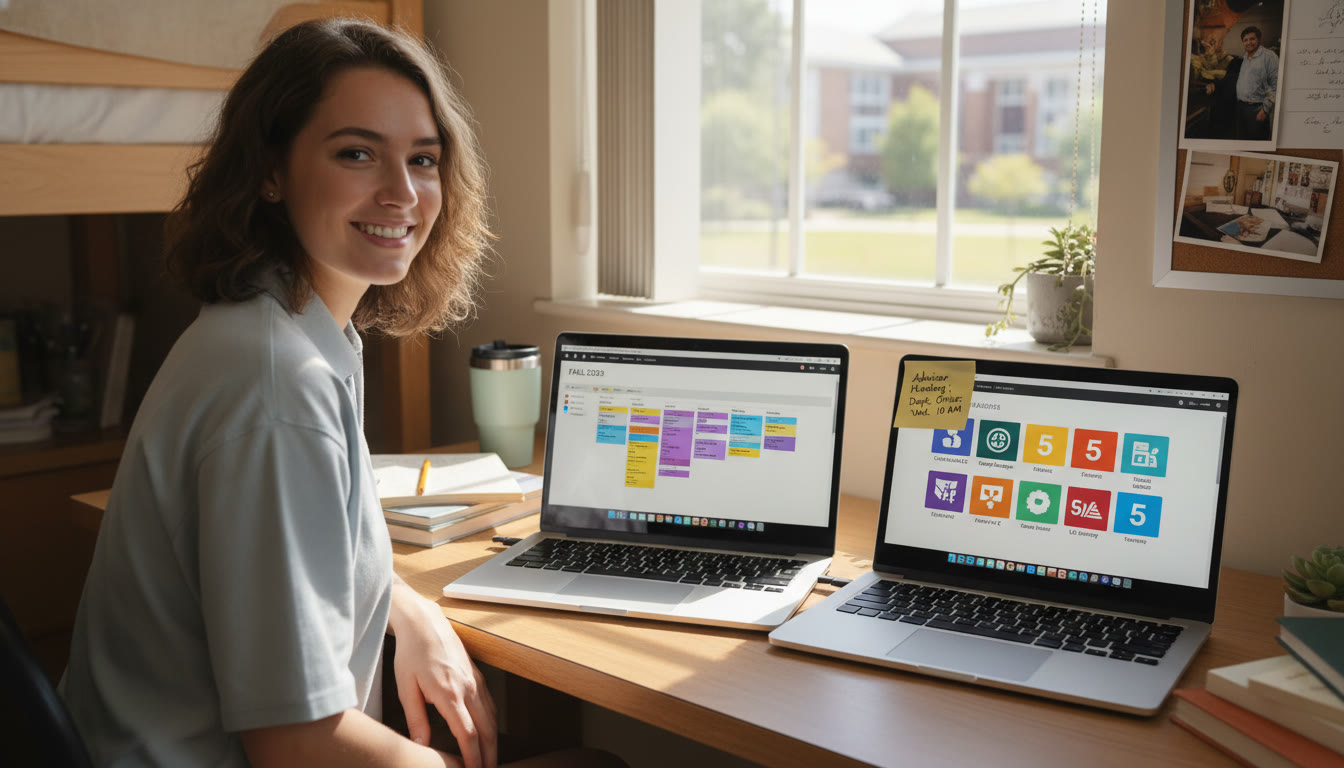 Photo Idea : A student at a desk in a dorm with two open laptops — one showing a course schedule and the other with AP score icons — while a sticky note reads “Advisor Meeting: Dept Office.” This picture belongs near the end to illustrate planning and action steps.