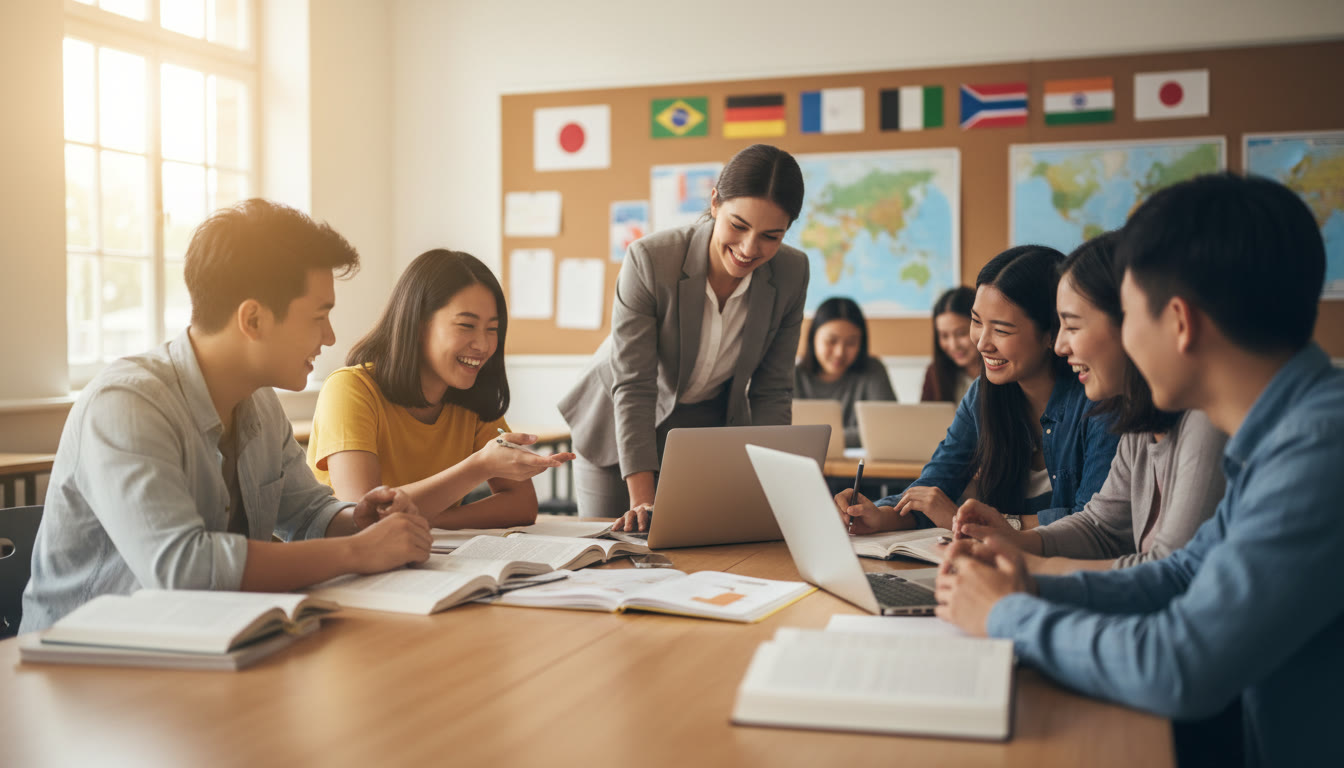 Photo Idea : A bright classroom scene with diverse students collaborating around a table, textbooks and laptops open, with a soft focus on a teacher guiding them. This image should convey an international learning environment and appear near the top of the article.