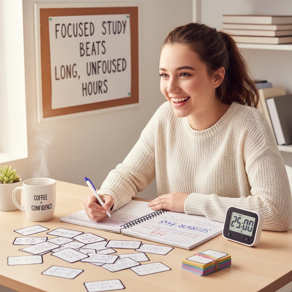 Photo idea: A student at a desk with an error log open, flashcards spread out, and a timer—caption: 