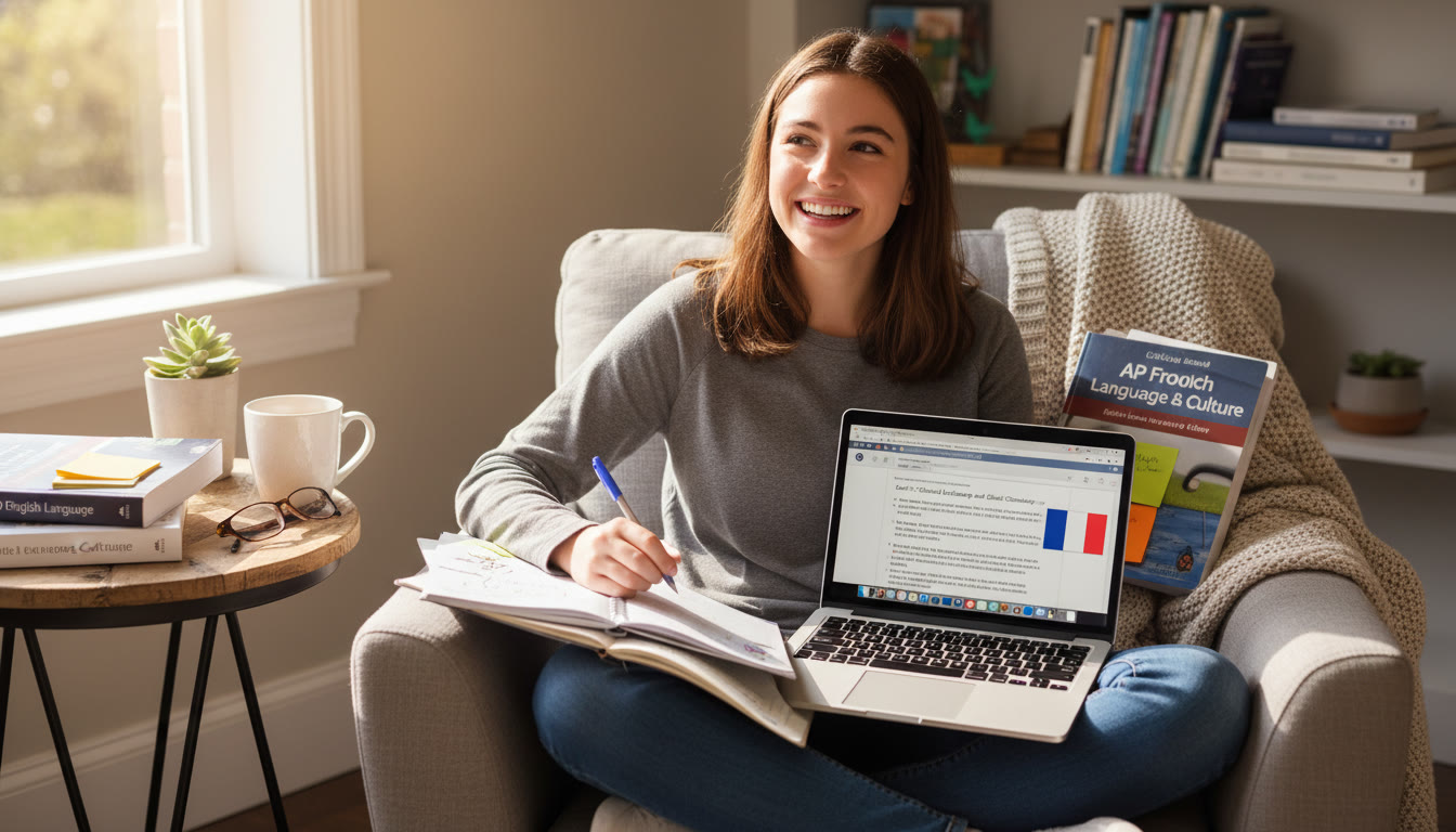 Photo Idea : A student in a cozy study nook highlighting AP textbooks spread out with notes, a laptop showing a draft essay, and a small flag of France—visualizing preparation for international admissions.