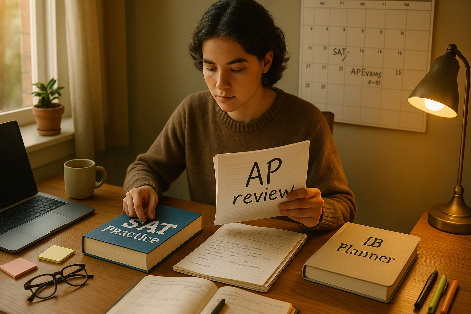 Photo Idea : A calm study scene with a student at a desk juggling SAT prep books, AP review notes, and an IB planner — warm light, a family calendar in the background showing test dates.