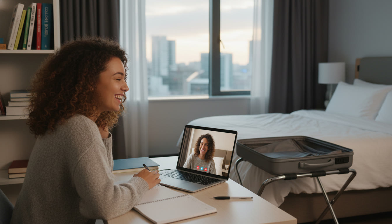 Photo Idea : A tutor on a laptop video call with a student in a hotel room, both smiling—shows how one-on-one help fits naturally into travel days.