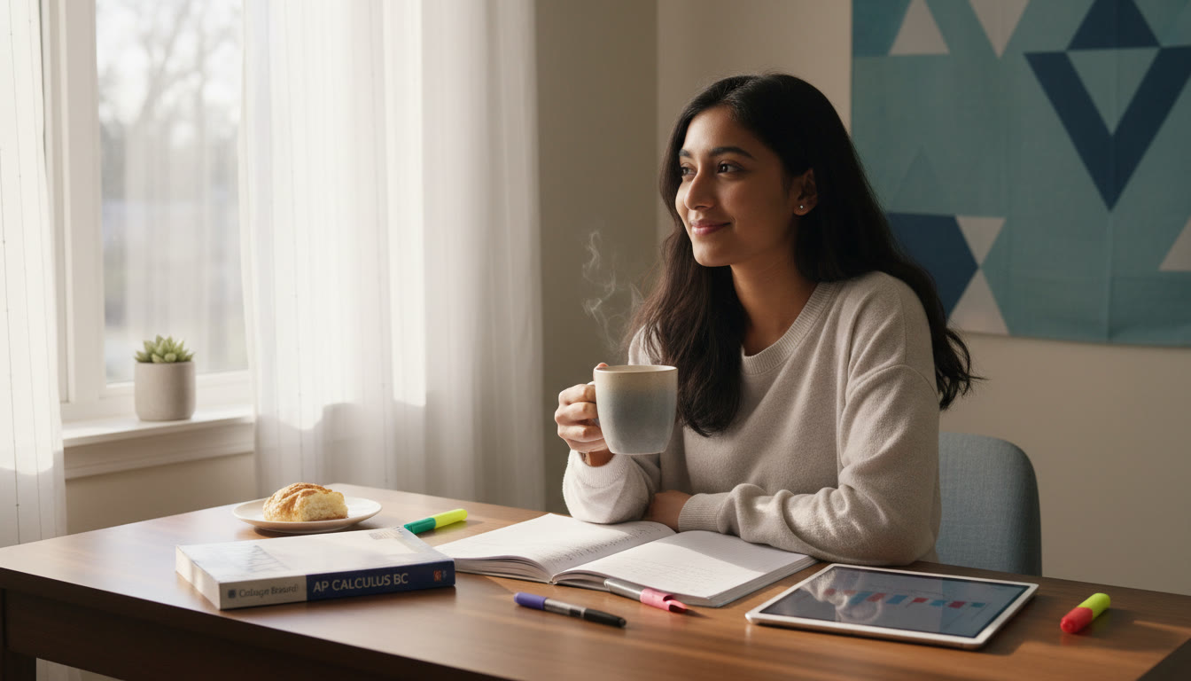 Photo Idea : A calm morning scene of a student easing into study soft light, a notebook, and a cup of tea conveying the theme of gentle preparation and emotional balance.