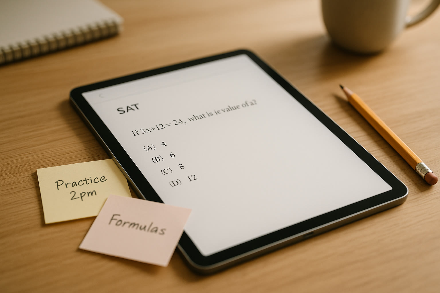 Photo Idea : Close-up of a digital tablet displaying a practice SAT question with sticky notes and a pencil beside it—showing an organized, calm study environment.