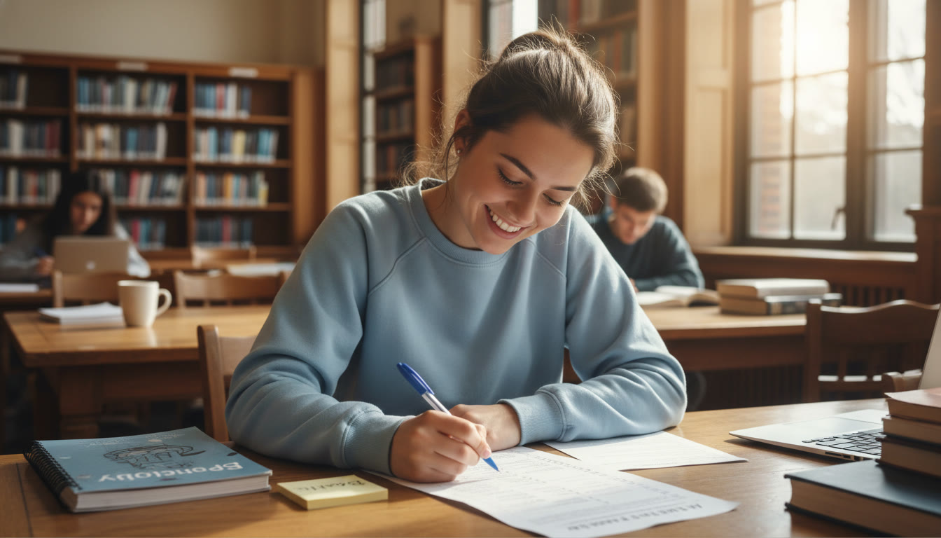 Photo Idea : A student at a library table mid-afternoon, crossing off items on a printed checklist, with a small sticky note that says 